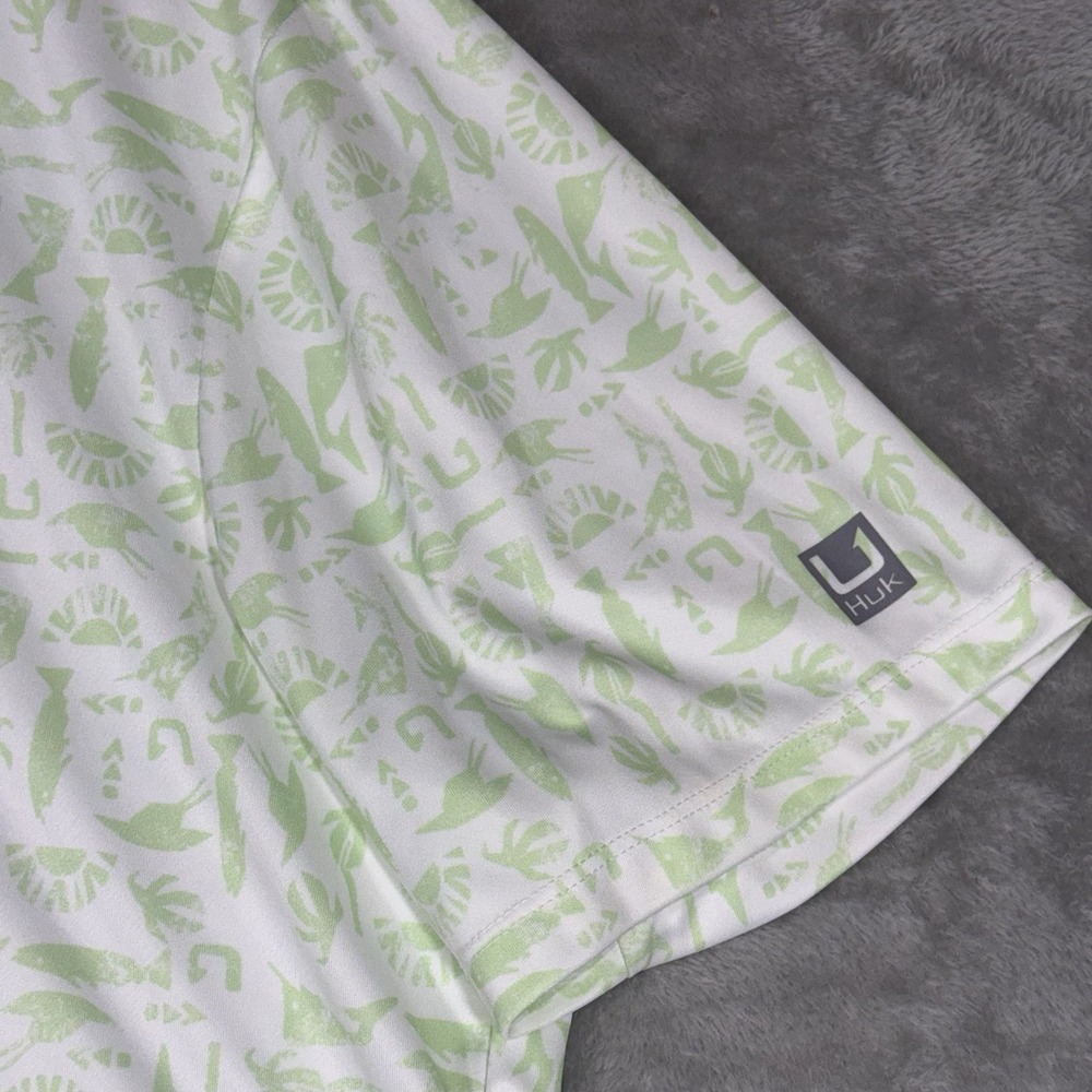 Huk Polo Pursuit Batiki Mens XL White Green Tropical Beach Performance UPF 50 - Picture 3 of 9